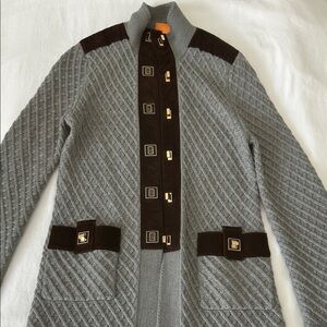 Tory Burch Gray Knit Coat with Suede and Gold Accents XS Lux+++